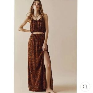NWT Free People Holy Smokes Cut Out Printed Maxi Dress Brown Motif Small